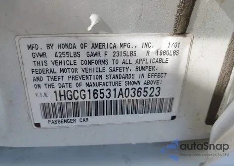 2001 Honda Accord 3.0 Ex z USA, uszkodzony, nr VIN 1HGCG16531A036523